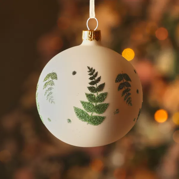 Lot de 6 boules de Noël en verre (D80 mm) Délicatesse Blanc laine et vert pailleté