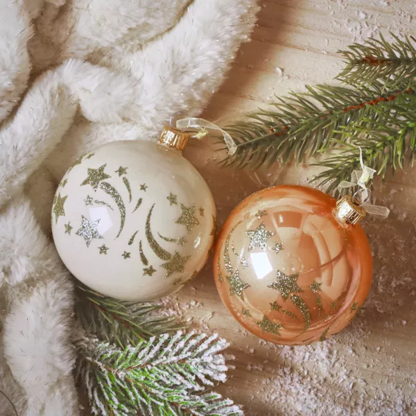 Set van 6 kerstballen van glas (D80 mm) Vallende sterren Perzik en wit