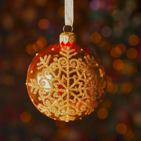 Set van 6 kerstballen van glas (D80 mm) Glittervlok Oranje