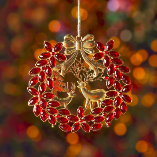 Suspension de Noël en métal (D9 cm) Couronne et strass Rouge et doré