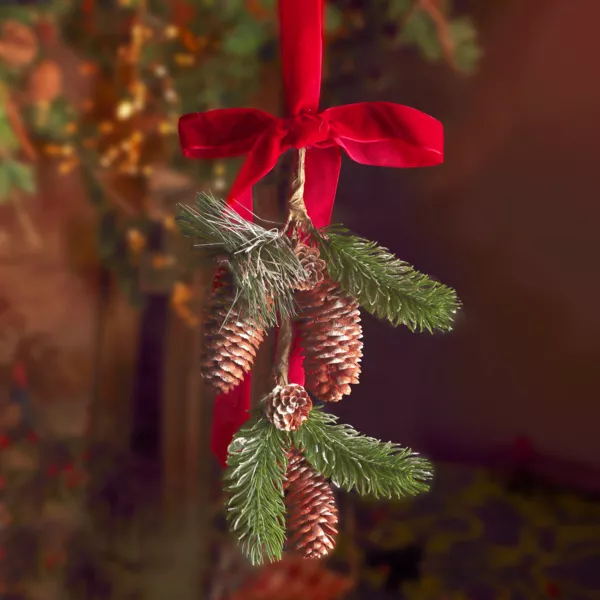Suspension décorative (H26 cm) Pomme de pin et nœud en velours Rouge