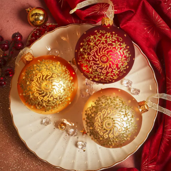 Set van 6 glazen kerstballen (D80 mm) Arabesk met gouden glitters