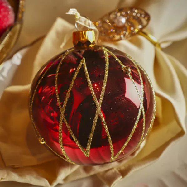 Lot de 6 boules de Noël en verre (D80 mm) Prestige Bordeaux pailleté or