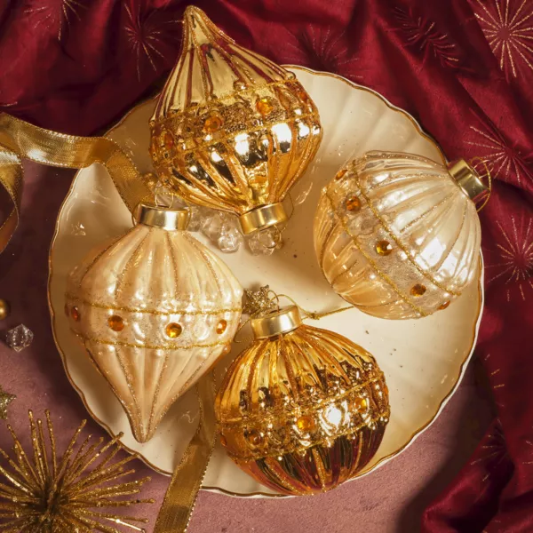 Lot de 12 boules de Noël en verre (D80 mm) Perle de Venise Or et perle