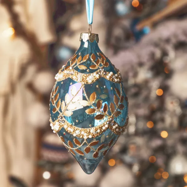 Lot de 2 suspensions de Noël en verre (H14 cm) Feuillages d'hiver Bleu