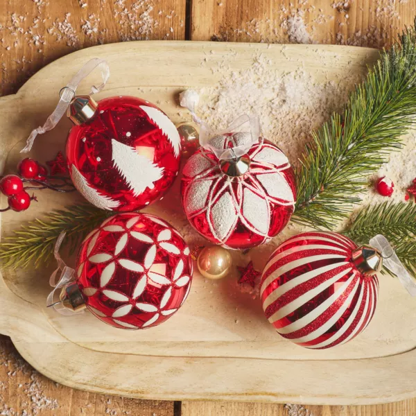 Lot de 12 boules de Noël en verre (D80 mm) Cirque enchanté Rouge et Blanc