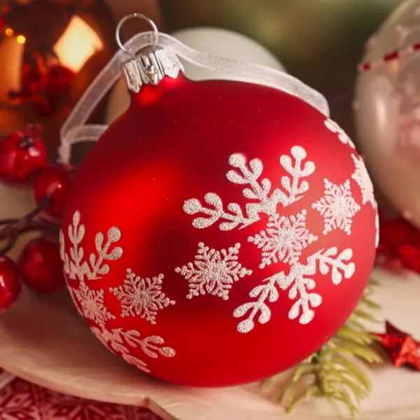 Lot de 6 boules de Noël en verre (D80 mm) Flocon de neige Rouge