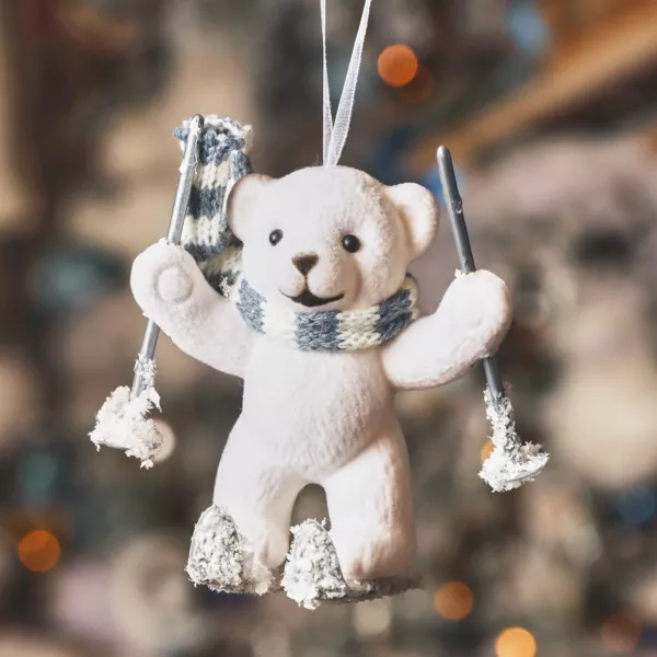 Suspension de Noël floqué velours (H10 cm) Ours Quentin Blanc et gris