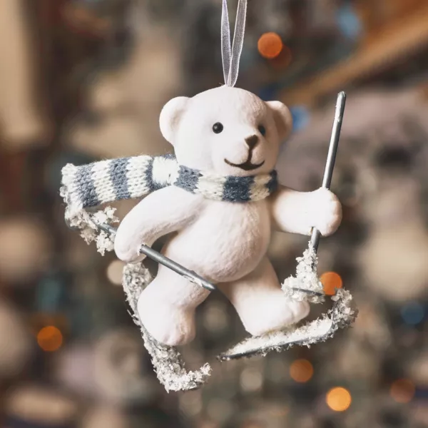 Suspension de Noël en plastique floqué velours (H10 cm) Ours Albin Blanc