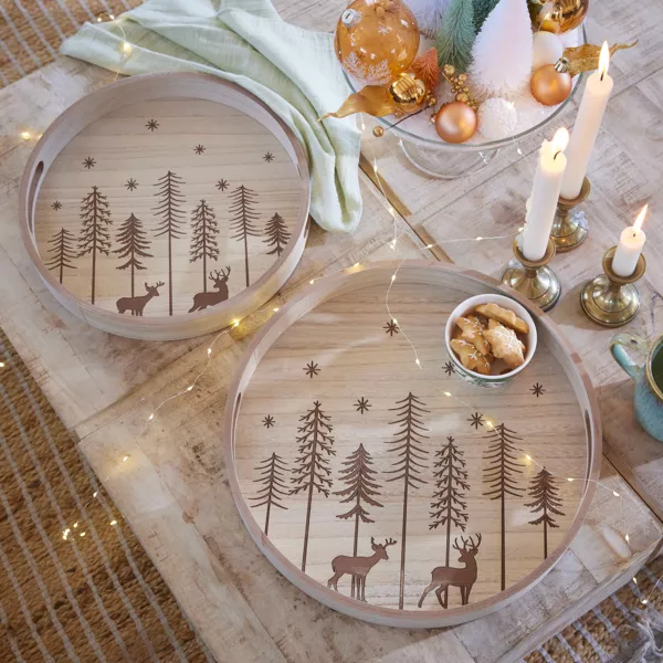 Lot de 2 plateaux ronds en bois (D34-D29 cm) Sapins de Noël
