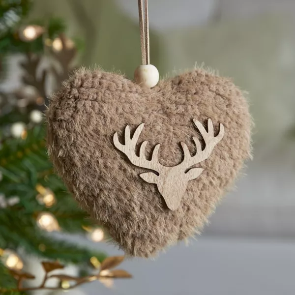 Decorazione natalizia sospesa in legno (H15 cm) Cuore ecopelliccia Marrone