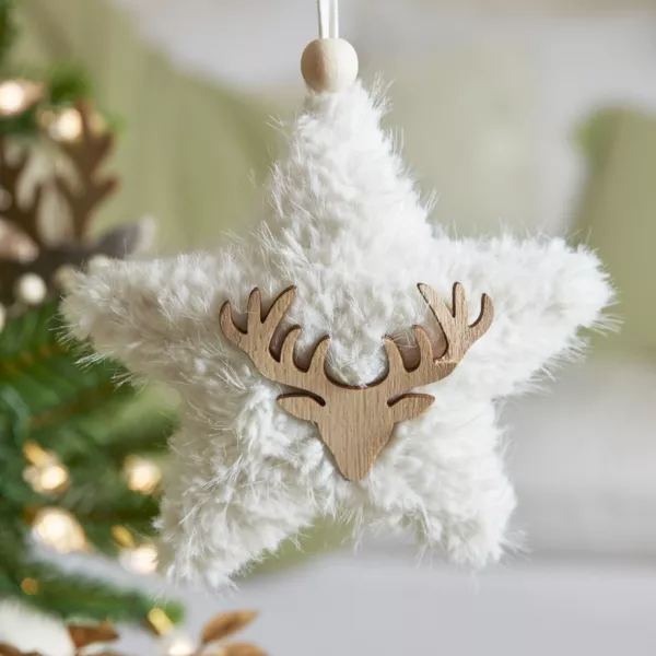 Suspension de Noël en bois (H15 cm) Étoile fourrure Blanc