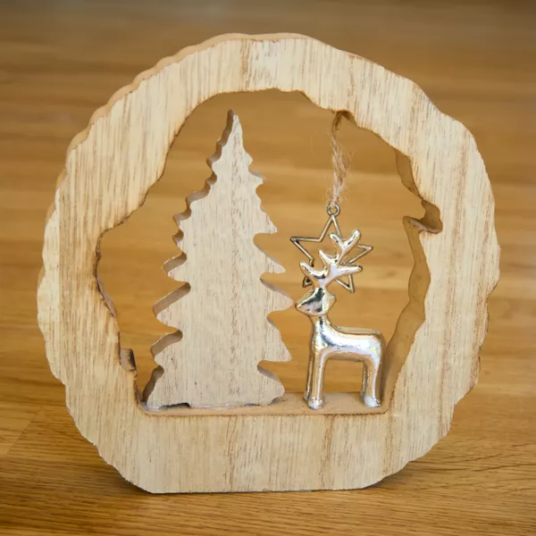 Houten decoratie (H14 cm) Rendier en spar Blond hout