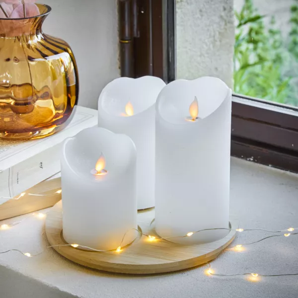 Sæt med 3 flimrende LED-lys (D7,5 cm) Naturlig voks Hvid