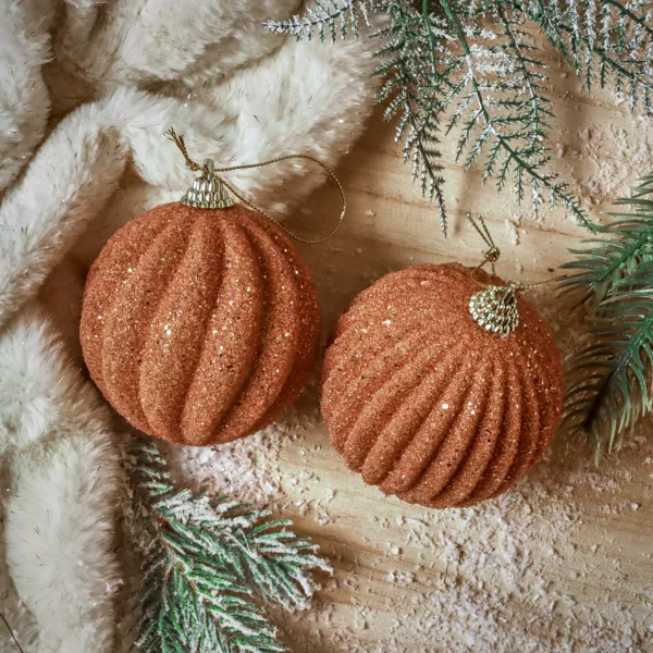 Lot de 12 boules de Noël (D80 mm) Reflet d’or Cognac pailleté or