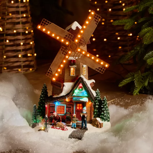 Village de Noël lumineux, animé et musical (H34 cm) Moulin et enfants
