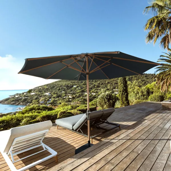 Runder Sonnenschirm Aluminium (D3,5 m) Yucatan Holz-Optik und Anthrazitgrau