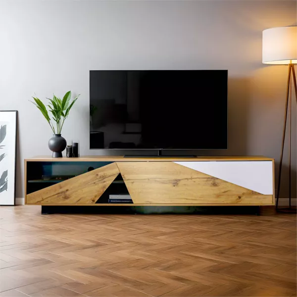 Meuble TV en bois design (L180 x 40 cm) Alabama Blanc, noir et naturel