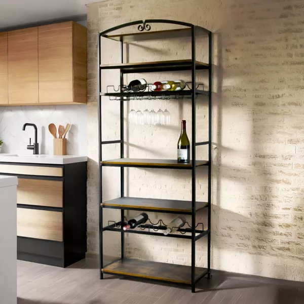 Meuble range-bouteilles industriel 12 emplacements et porte-verres (H180 cm) Pablo Marron