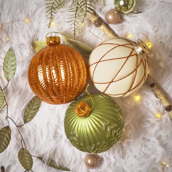 Lot de 12 boules de Noël en verre (D100 mm) Rêverie Blanc laine, Cognac et Vert romarin