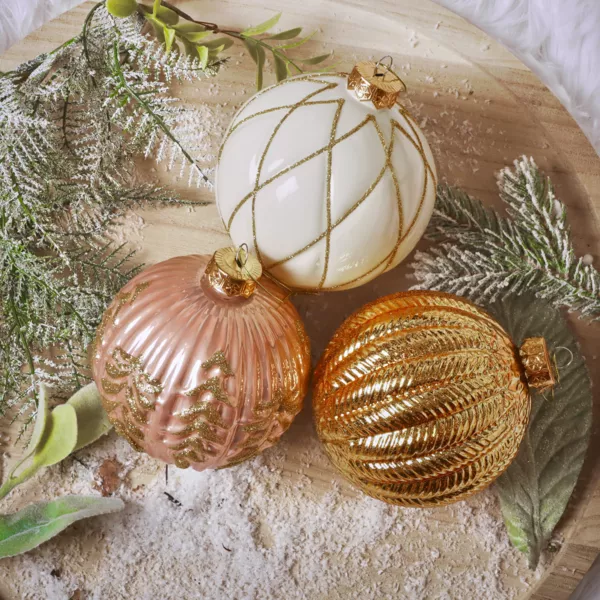 Lot de 12 boules de Noël en verre (D100 mm) Rêverie Or, rose et blanc