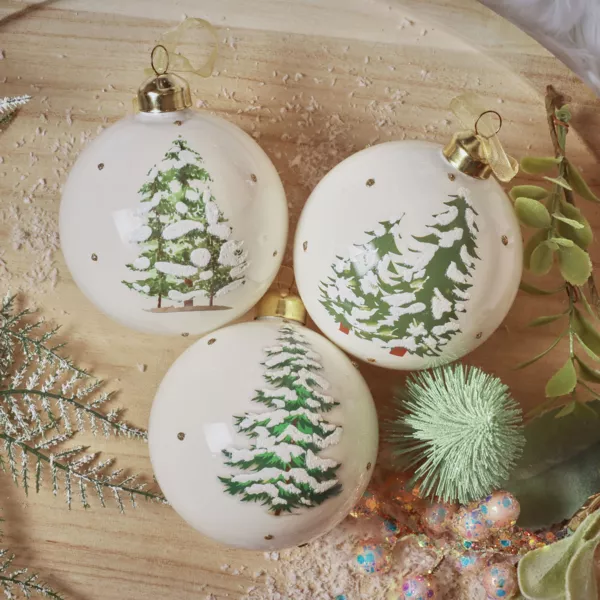 Set van 3 glazen kerstballen (D80 mm) Mystiek Bos Wit wol