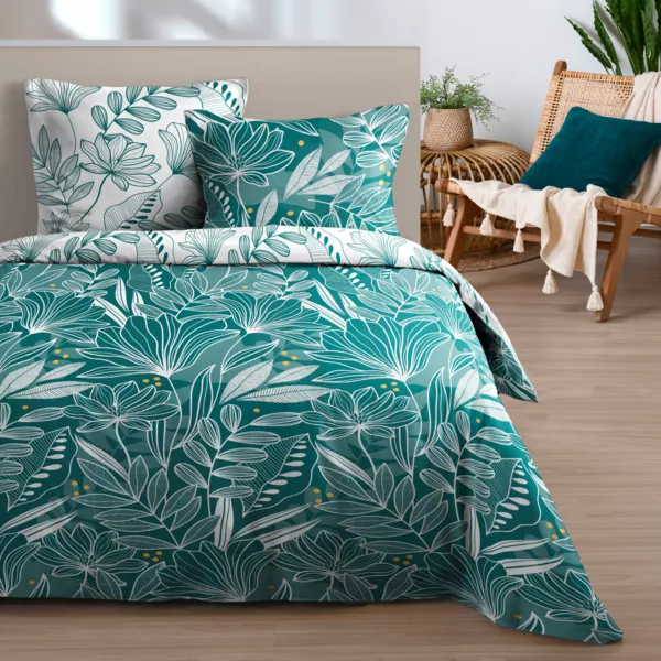 Housse de couette et deux taies d'oreiller en coton (240 x 220 cm) Douala Bleu pétrole