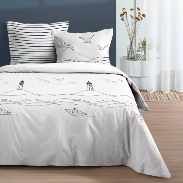 Housse de couette et deux taies en coton (240 x 220 cm) Bordemer Ecru