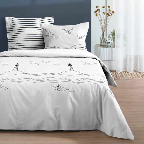 Housse de couette et deux taies en coton (260 x 240 cm) Bordemer Écru