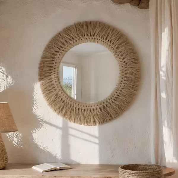 Rund vgspejl i naturlige fibre (D50 cm) Makira Beige