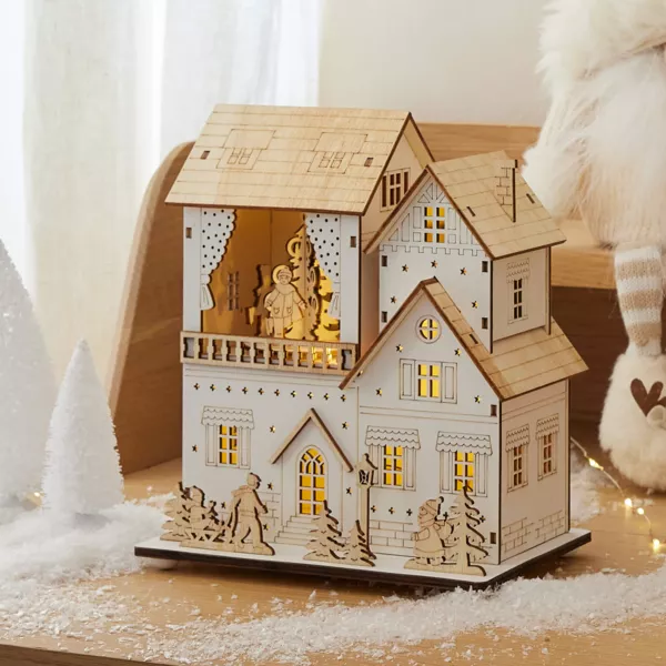 Pabell�n festivo de Navidad en madera luminoso, animado y musical a pilas (H22 cm)