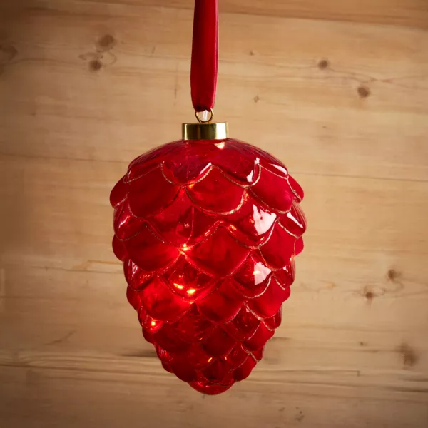 Hangende lichtslinger op batterijen 15 LED (D15 cm) Dennenappel van Venezia Rood