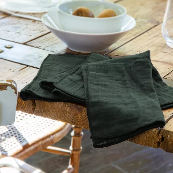 Lot de 3 serviettes de table gaze de coton (40 x 40 cm) Gaïa Vert sapin