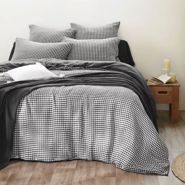 Katoenen mousseline dekbedovertrek (240 x 220 cm) Gaïa vichy Zwart