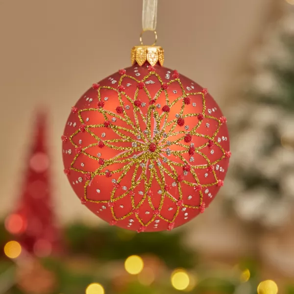 Set van 6 glazen kerstballen (D80 mm) Fleurs pailletées Rood 