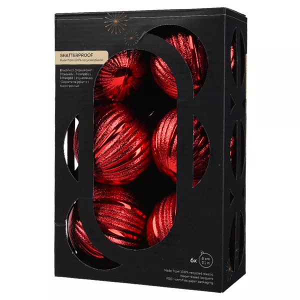 Set van 6 Kerstballen (D80 mm) Glitter Rood