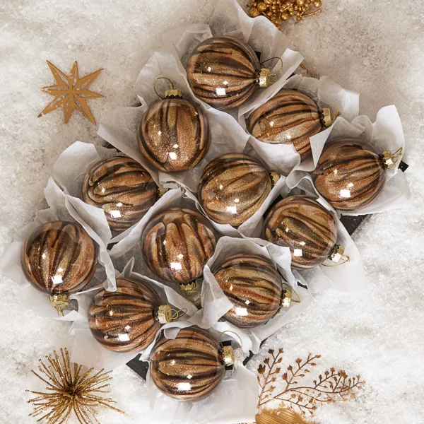 Set von 12 Weihnachtskugeln aus Glas (D80 mm) New York Braun glitzernd