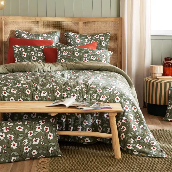 Dekbedovertrek katoengaas (260 x 240 cm) Gaïa margriet Groen rozemarijn