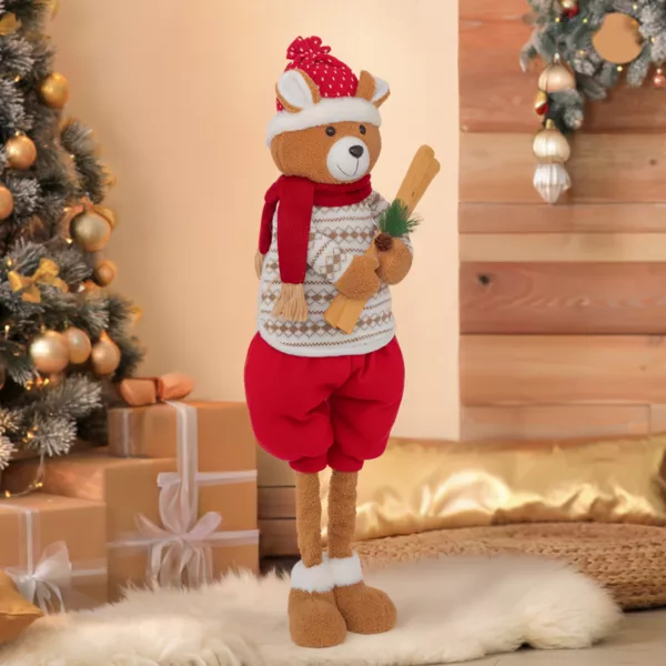 Ours peluche jambes téléscopiques (H95 cm) Petit Skieur Rouge