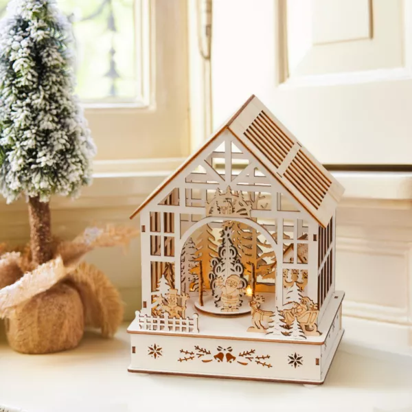 Pueblo de Navidad luminoso, musical y animado a pilas en madera (18 x 24 cm) Jardín de invierno