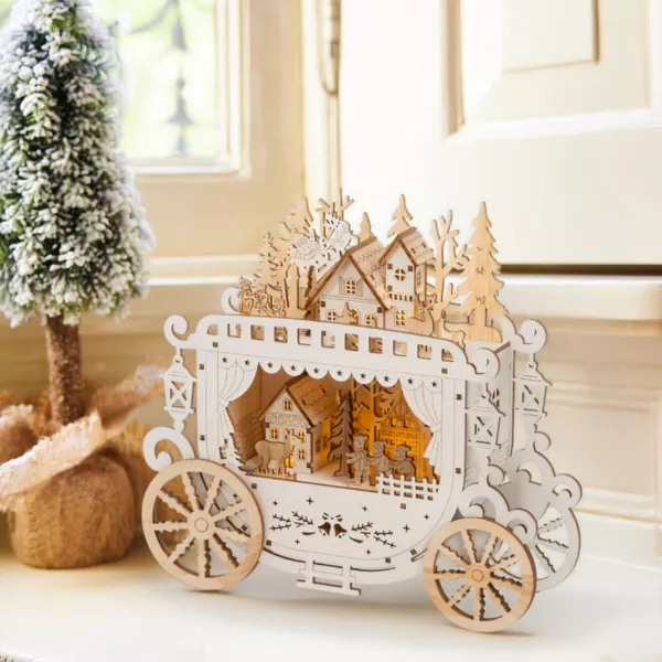 Pueblo navide�o de madera luminoso a pilas (H23 cm) Diligencia