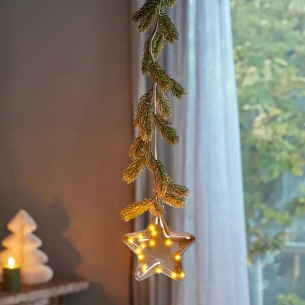 Suspensión luminosa a pilas 15 LED (H20 cm) Abeto y Estrella Blanco cálido