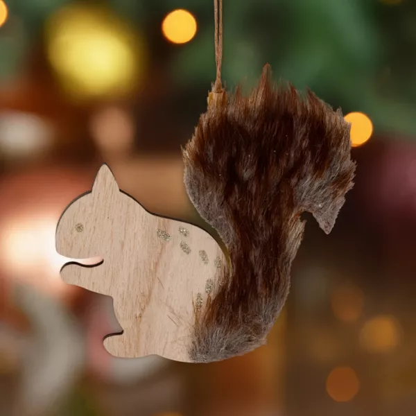 Suspension de Noël en bois (H12 cm) Ecureuil douce fourrure Marron