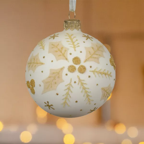 Lot de 6 boules de Noël en verre (D80 mm) Houx Blanc laine