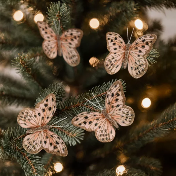 Set van 4 Vlinders op klem (H6 cm) Sneeuwvlinder Poederroze
