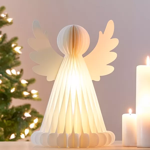 Ange lumineux à piles 6 LED (H38 cm) Papier fermeture magnétique Blanc