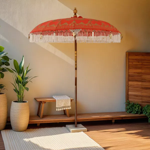 Ombrellone da giardino rotondo con frange (D2 m) Jaipur Rosso e dorato