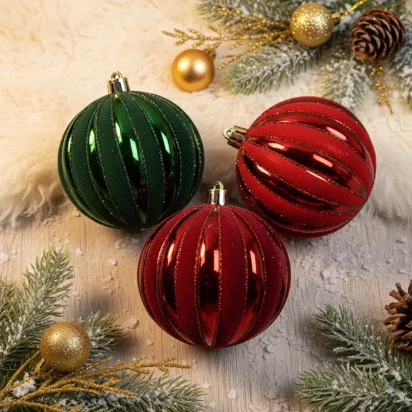 Lot de 12 boules de No�l (D80 mm) Velours paillet� Rouge et vert
