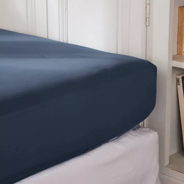 Drap housse percale de coton (180 x 200 cm) Cali Bleu marine