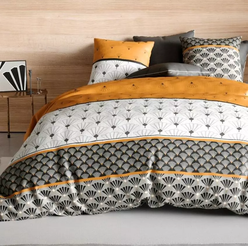 Housse De Couette 200x200 Cm + 2 Taies - Tissu Polycoton Doux, Motif Bois Orange/gris, Lavable Facile - 1